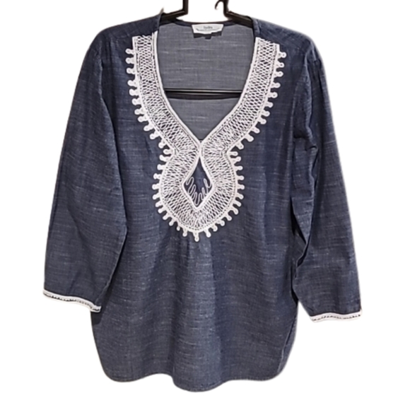 Hydra Tops - Hydra by Rockflowerpaper Chambray 100% Cotton Embroidered Pullover Tunic XL